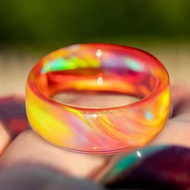 Natural Rainbow Fire Opal Ring Resin Ring Carbon Fiber Lining Iridescent Color Changing Opal Ring Engagement Ring Luxury Jewelry