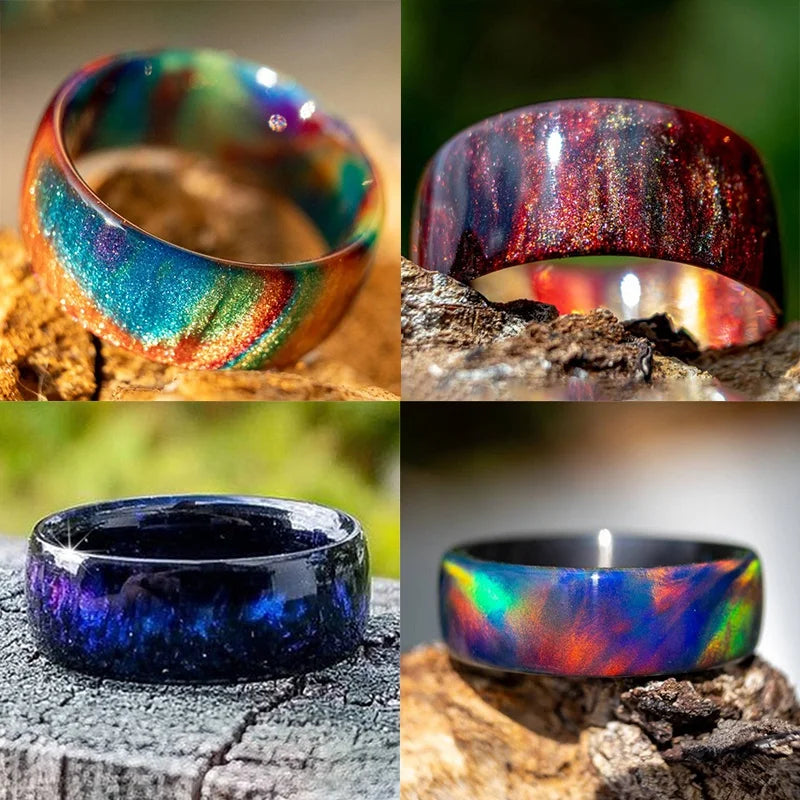 Natural Rainbow Fire Opal Ring Resin Ring Carbon Fiber Lining Iridescent Color Changing Opal Ring Engagement Ring Luxury Jewelry