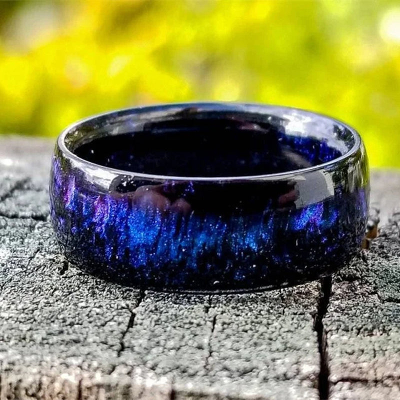 Natural Rainbow Fire Opal Ring Resin Ring Carbon Fiber Lining Iridescent Color Changing Opal Ring Engagement Ring Luxury Jewelry