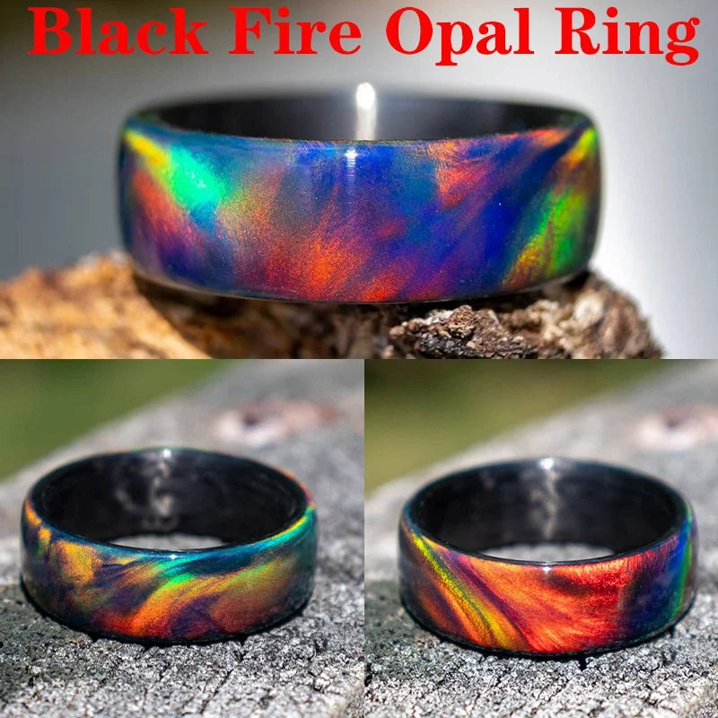 Natural Rainbow Fire Opal Ring Resin Ring Carbon Fiber Lining Iridescent Color Changing Opal Ring Engagement Ring Luxury Jewelry