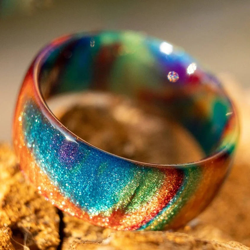 Natural Rainbow Fire Opal Ring Resin Ring Carbon Fiber Lining Iridescent Color Changing Opal Ring Engagement Ring Luxury Jewelry